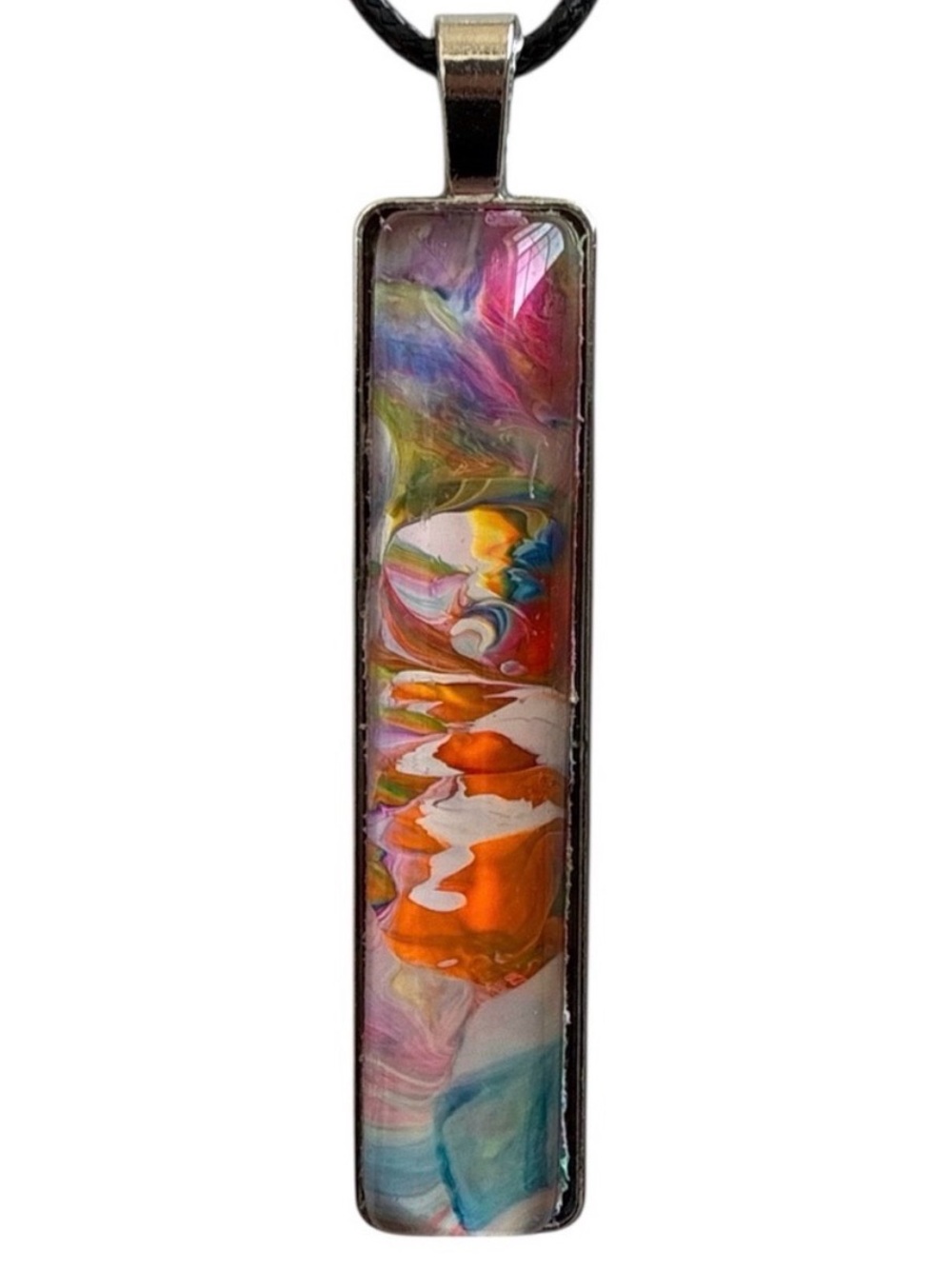 Hand Crafted Rainbow Fluid Art Bar Pendant Necklace by Svetlana Yeung Size OS